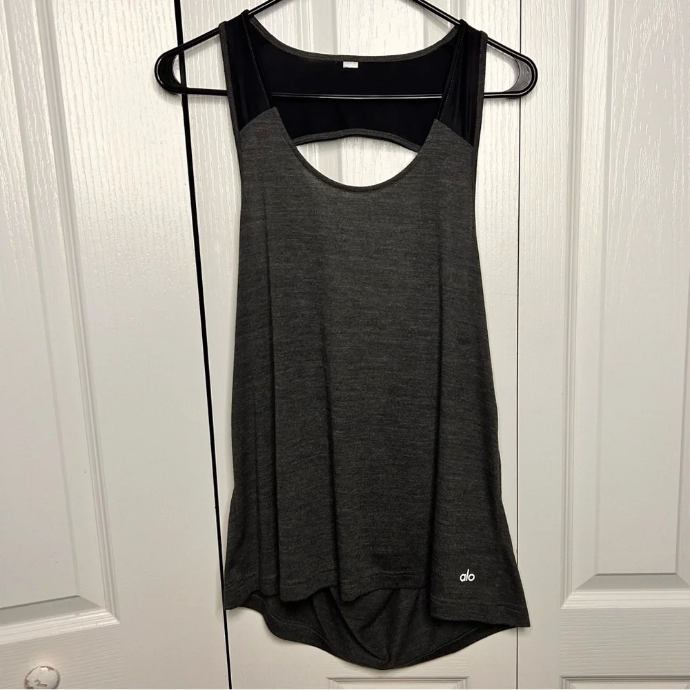 Alo‎ Vapor Tank Charcoal Flec Black Gray Sleeveless Scoop Open Back Size Small S
